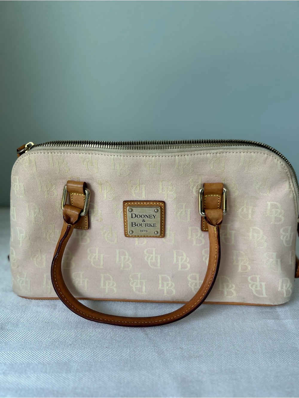 Dooney & Bourke Pale Pink Logo Satchel with Tan Leather Handles